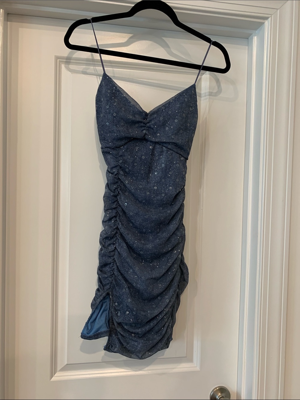 Chocolate Blue Ruched Spaghetti Strap Mini Dress S NWOT high stretch